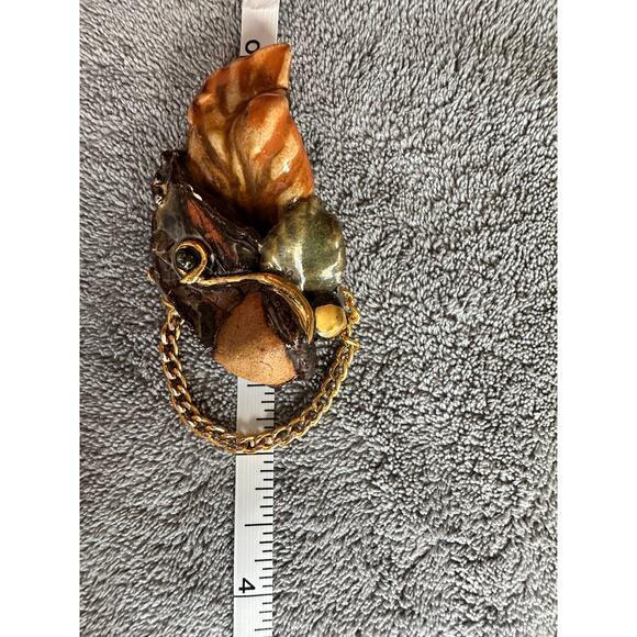Fired Fantasies Brooch Pin Clay Chain Gold Tan Green Brown Leaves Vtg Handmade - Picture 4 of 6